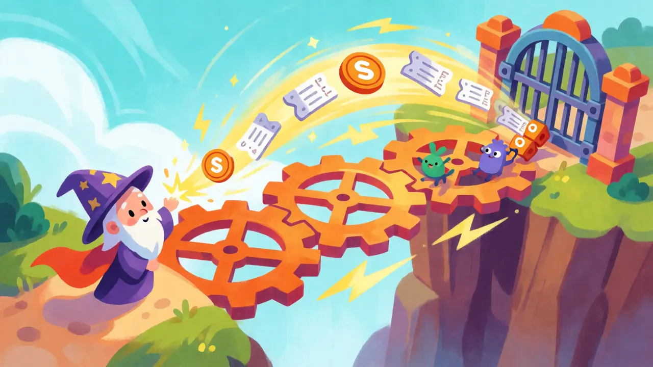 Cartoon wizard using a magical gear bridge to convert crypto tokens into access tickets for a gate.