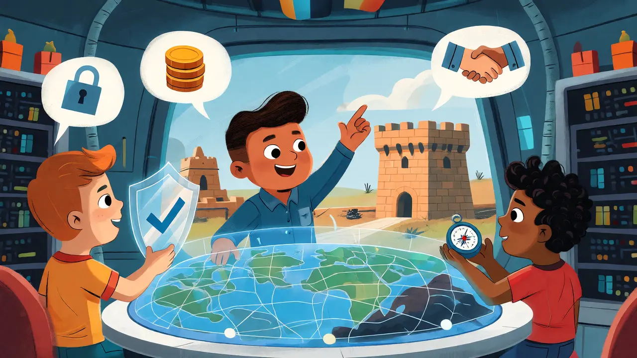 Characters in a control room comparing a solid fortress against a shaky sandcastle crypto model.