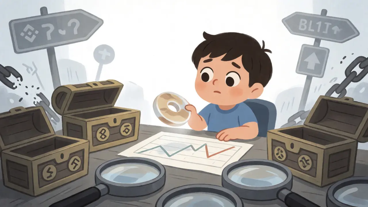 Confused character examining a lonely token amid empty exchange charts
