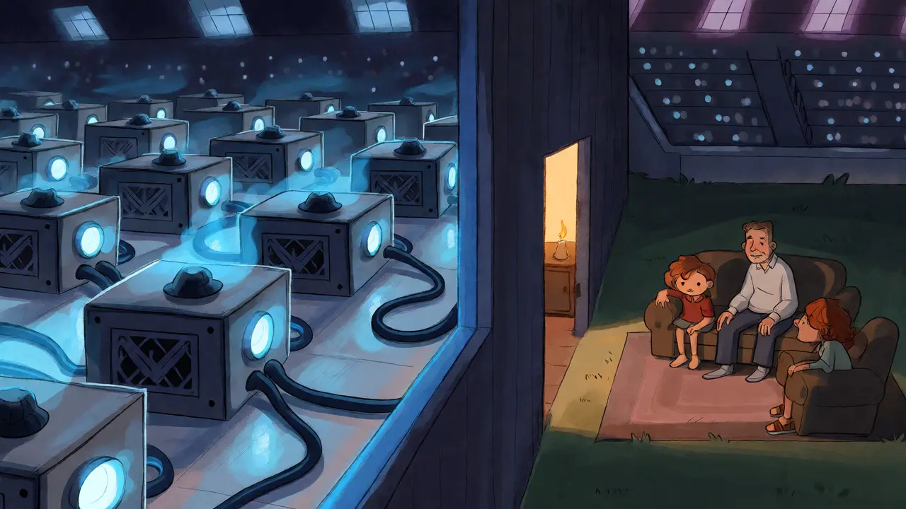 Contrast between a brightly lit crypto mining farm and a dark home lit by a single candle.