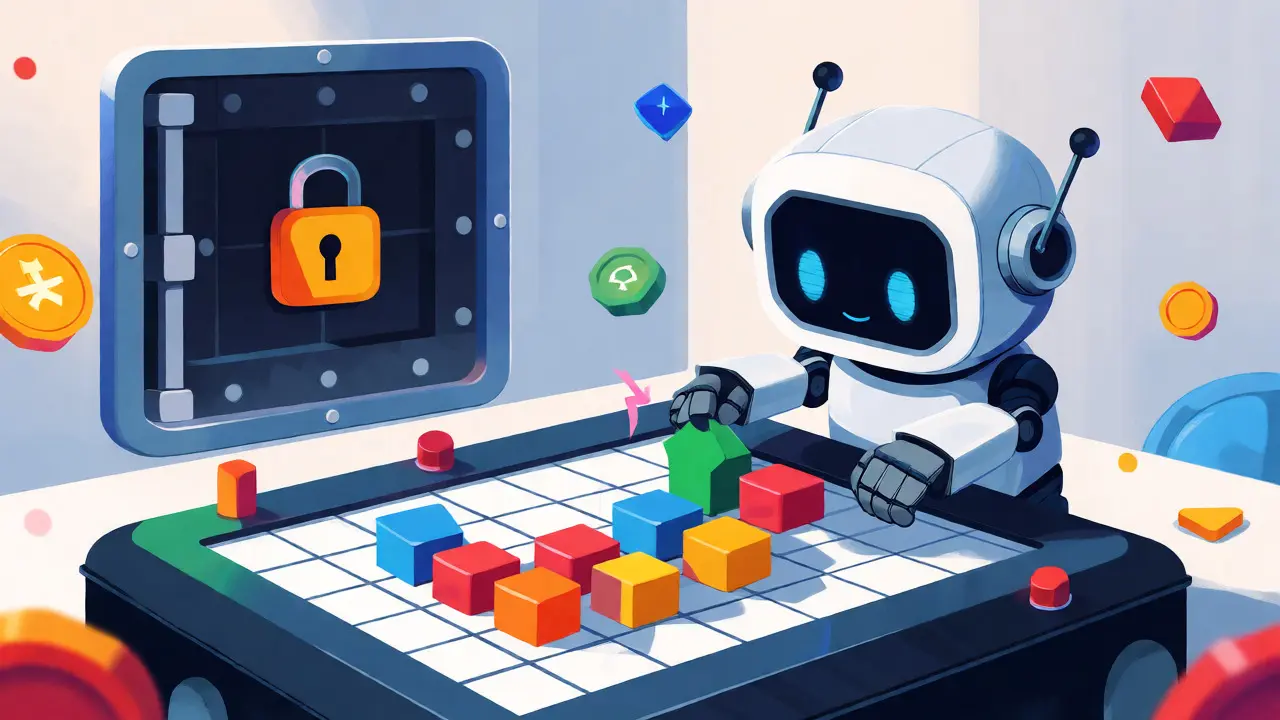 Cute robot operating a grid bot machine near a secure vault