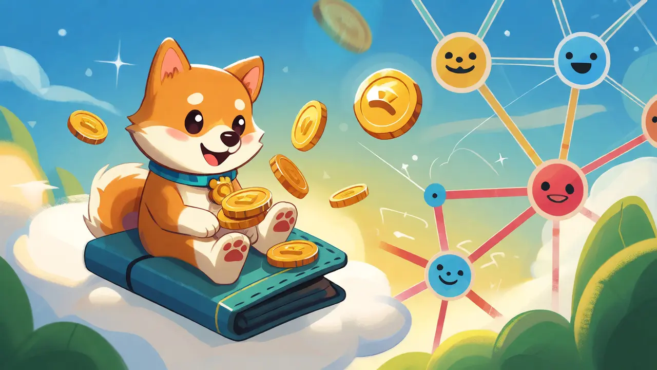 Cute Shiba receiving automatic coin rewards from clouds