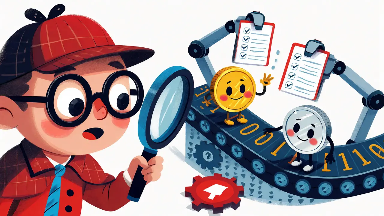Detective inspecting crypto coins on a code road with filters