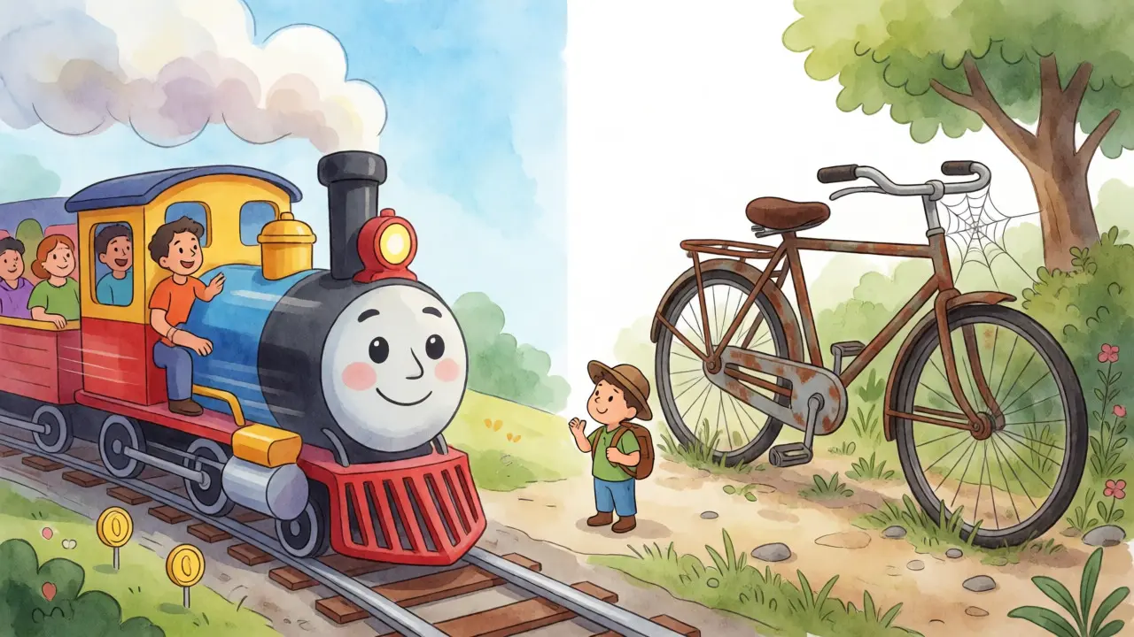 Explorer choosing between fast train and idle bicycle