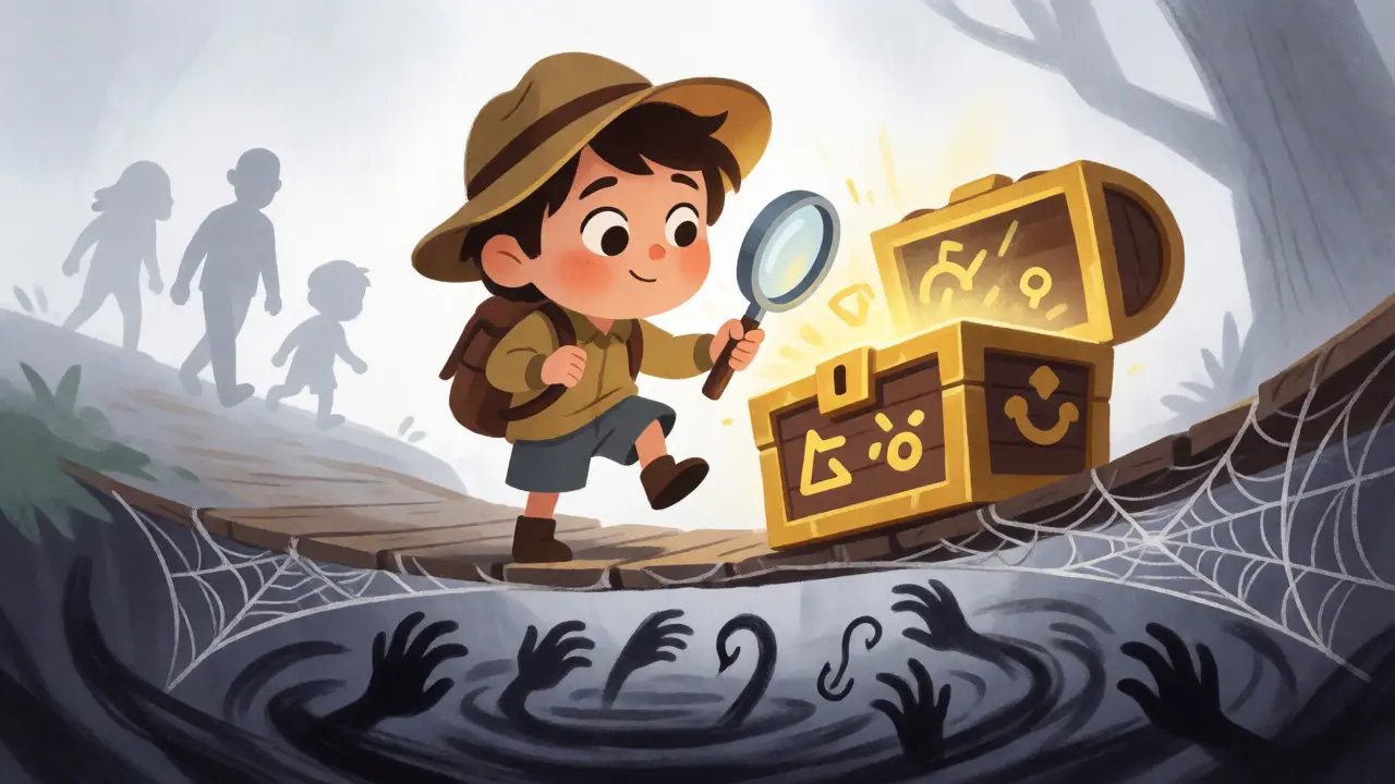Explorer hesitating on a spiderweb bridge over a pit of phishing hooks, warning about fake NEXTYPE airdrops.