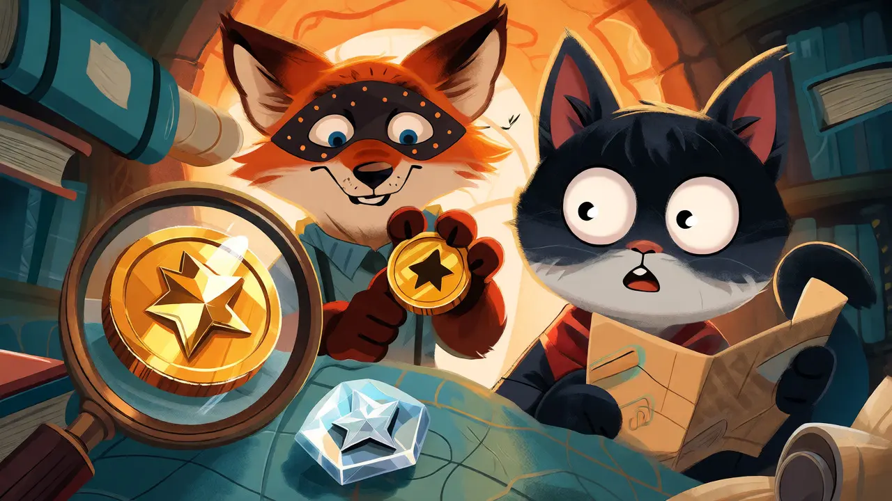 Fox hiding a fake coin while a cat inspects real tokens with a magnifier