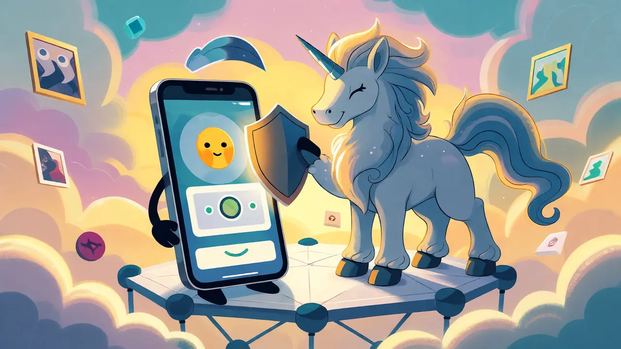 Friendly illustration of a mythical creature protecting a mobile trading app, symbolizing the Magic Eden acquisition.