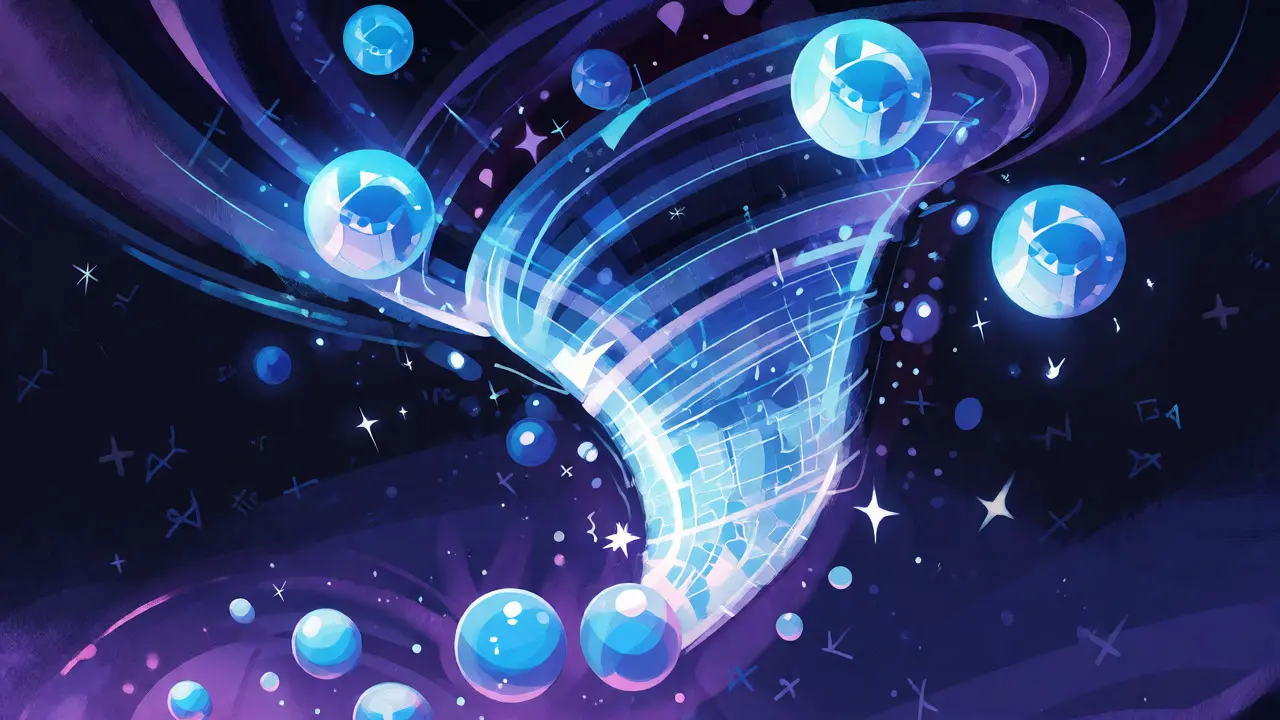 Glowing orbs swirling into a tornado vortex to represent crypto mixing