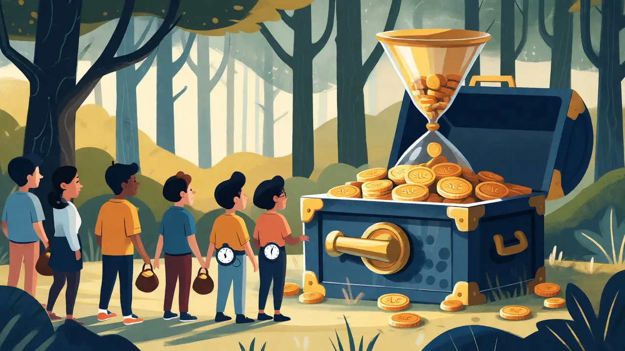 Gold coins flow from an hourglass into a treasure chest as people wait in a digital forest.
