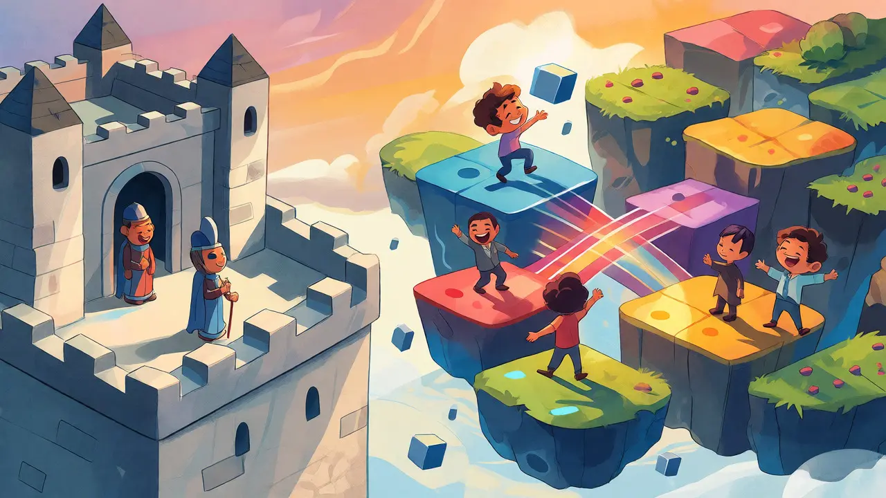 Hybrid blockchain landscape with castles and flexible islands