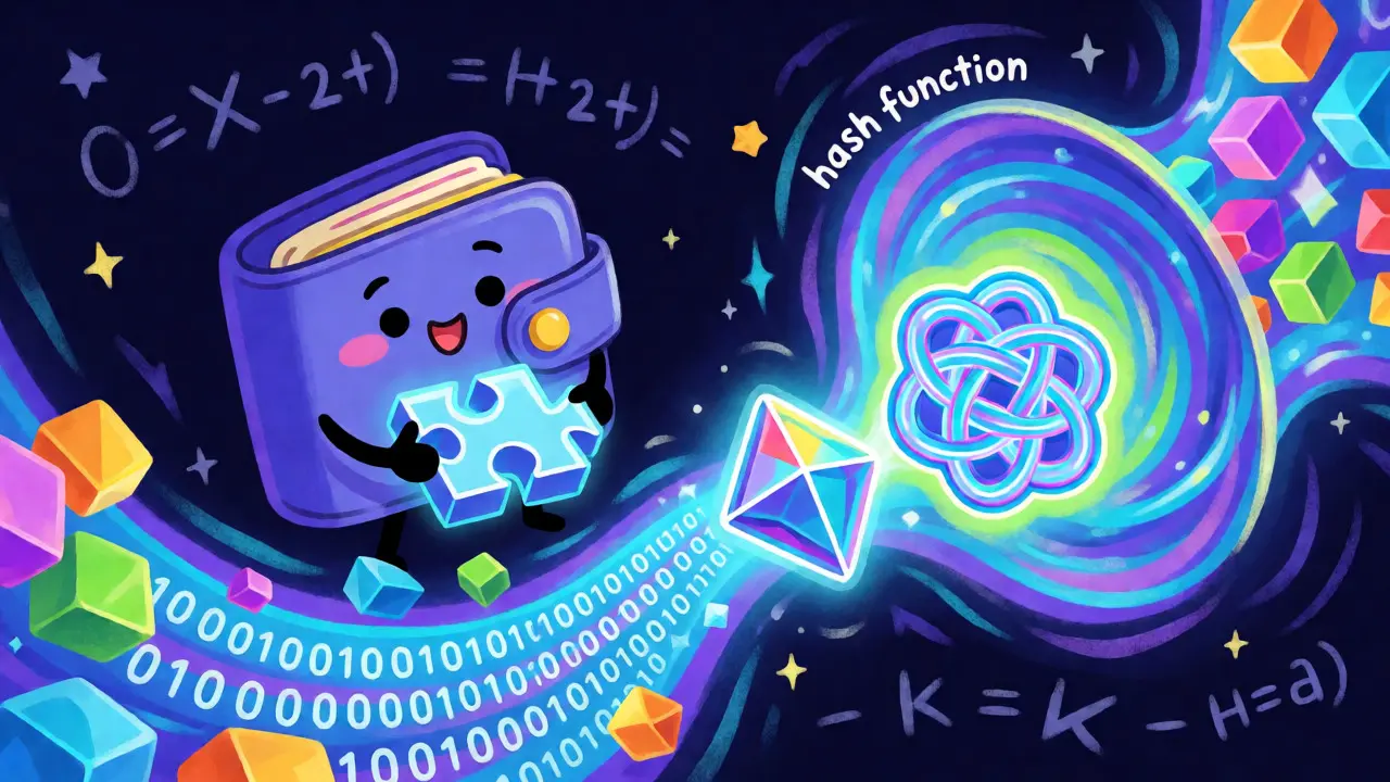 Illustration of a wallet combining a private key with hashed data to create a digital signature.