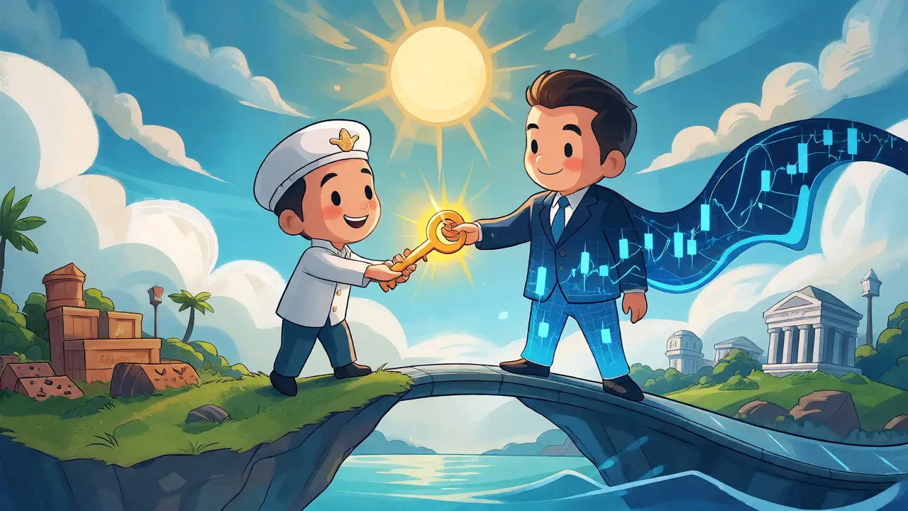Illustration of Bappebti handing a golden key to OJK across a bridge between commodity and finance islands.