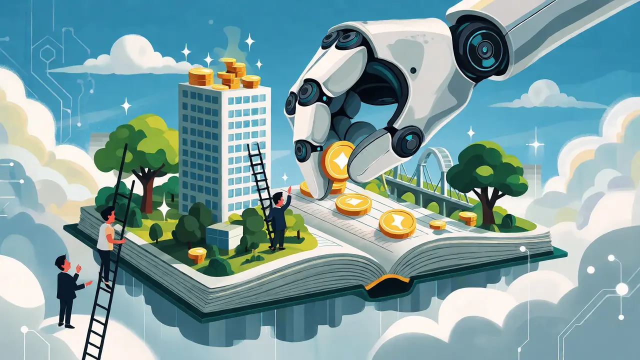 Illustration of real-world assets turning into digital tokens under a watchful tech guardian.