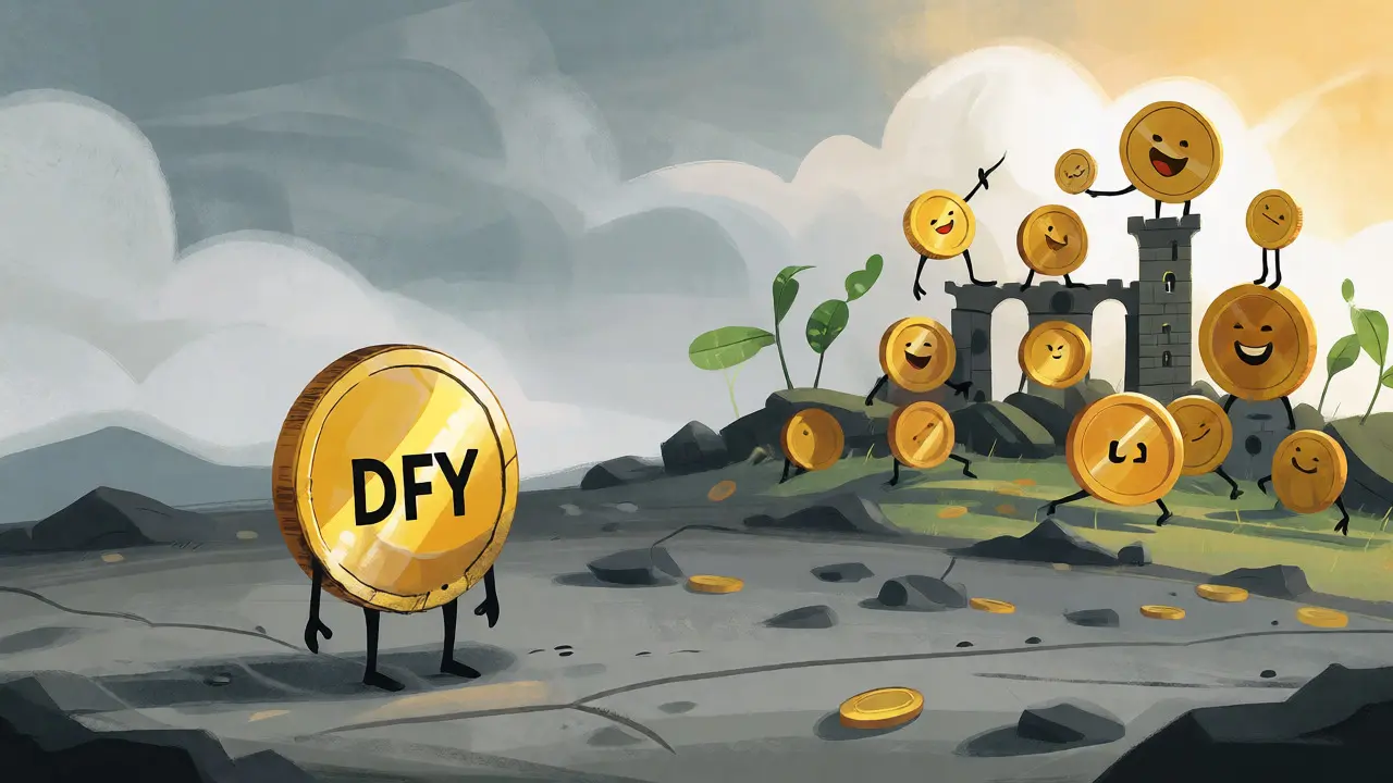 Lone DFY coin character isolated from a group of active community coins.
