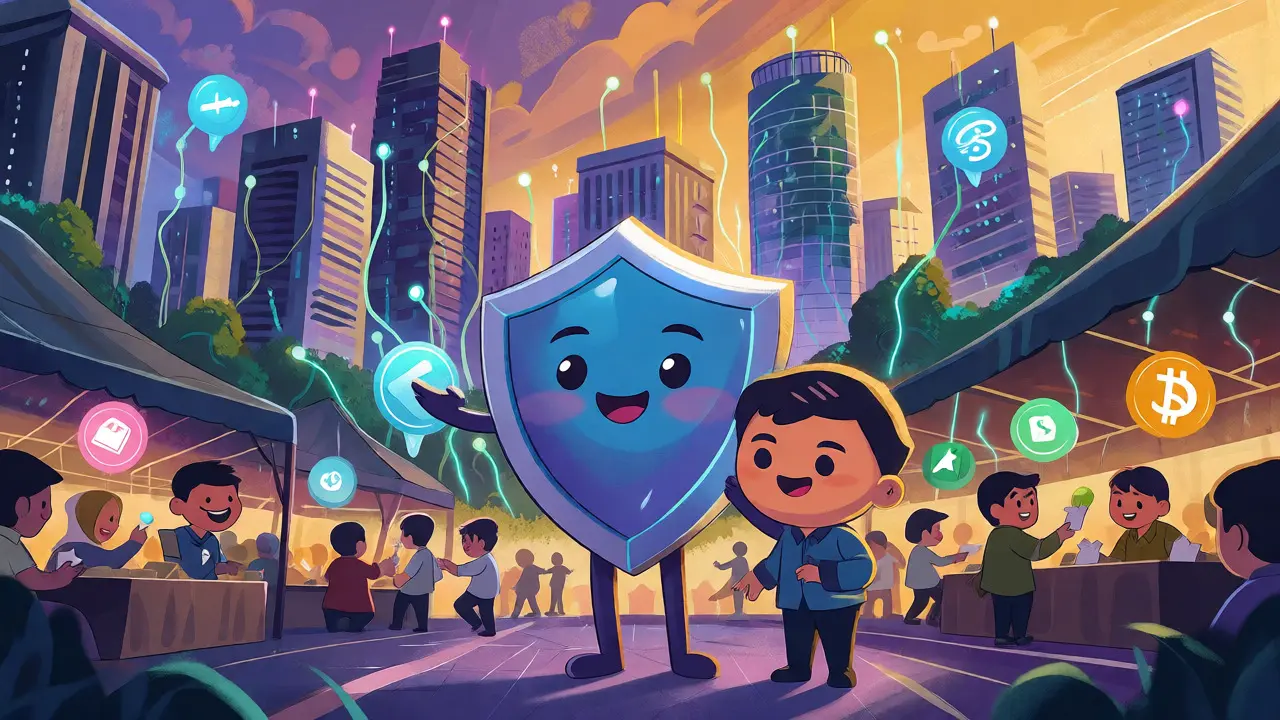 OJK and Bank Indonesia characters protecting a bustling marketplace of digital asset orbs in Jakarta.