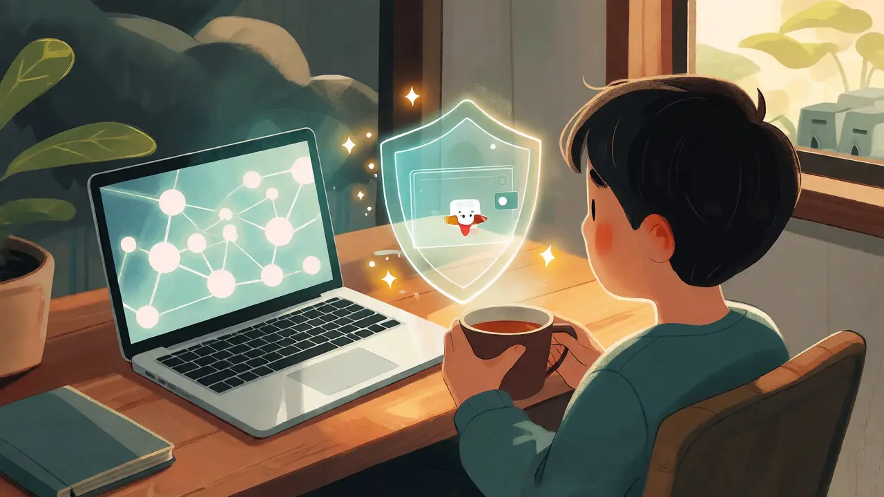 Person staking crypto with a glowing shield and cute sparkles nearby.