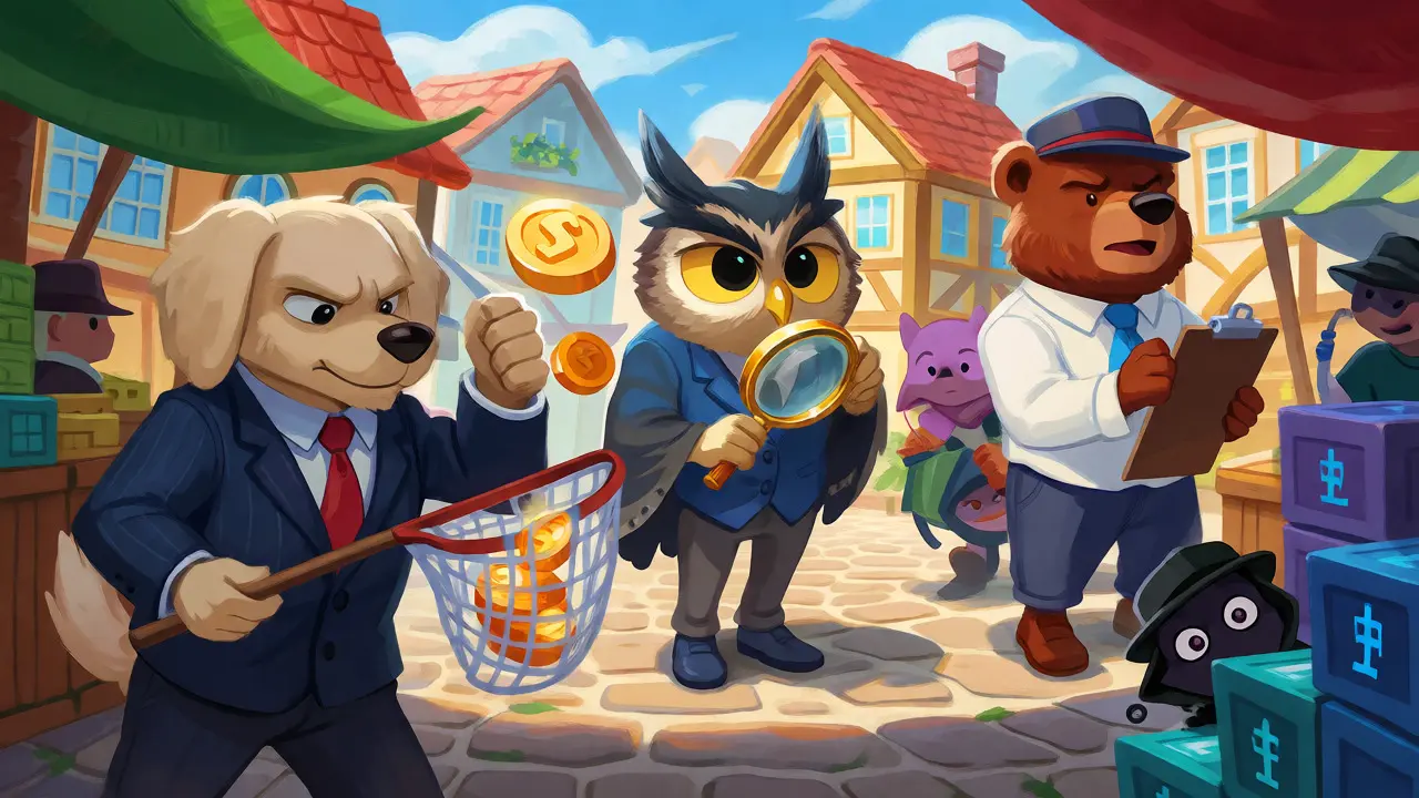 Personified regulators catching crypto fraudsters in a market