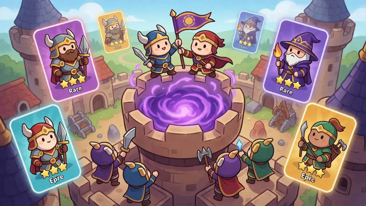 Playful cartoon battle for a castle with floating rare NFT cards and cheering clan mascots.