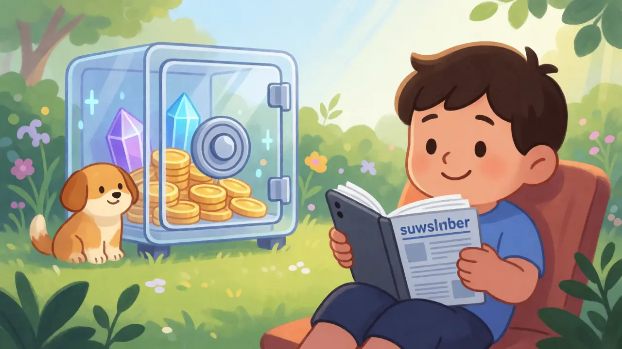 Relaxed subscriber reading on a tablet with a guarded safe of coins in the background garden.