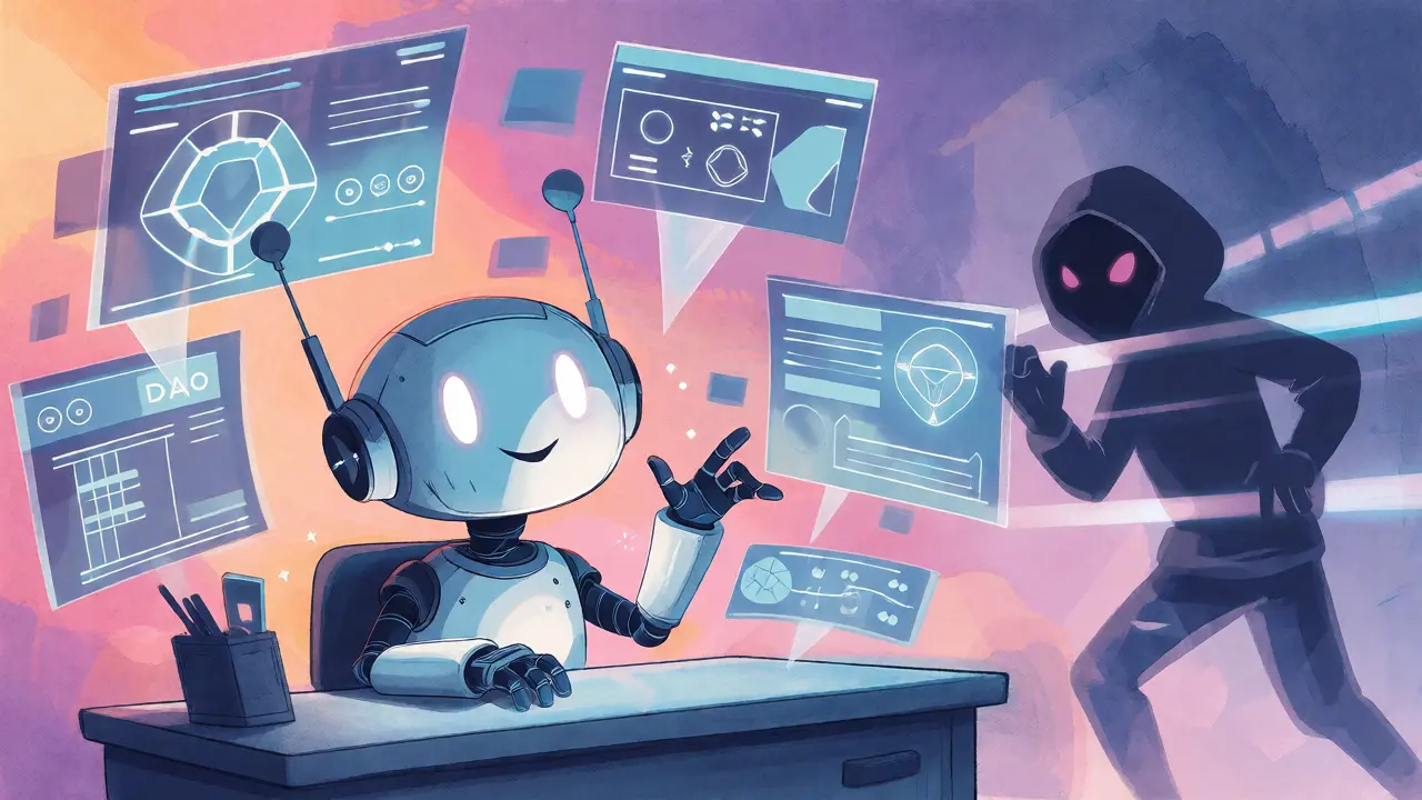Robot managing holographic screens while a hacker sneaks behind