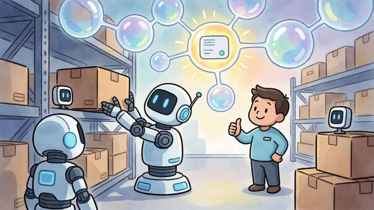 Robots and humans working in a transparent, tech-enabled warehouse.
