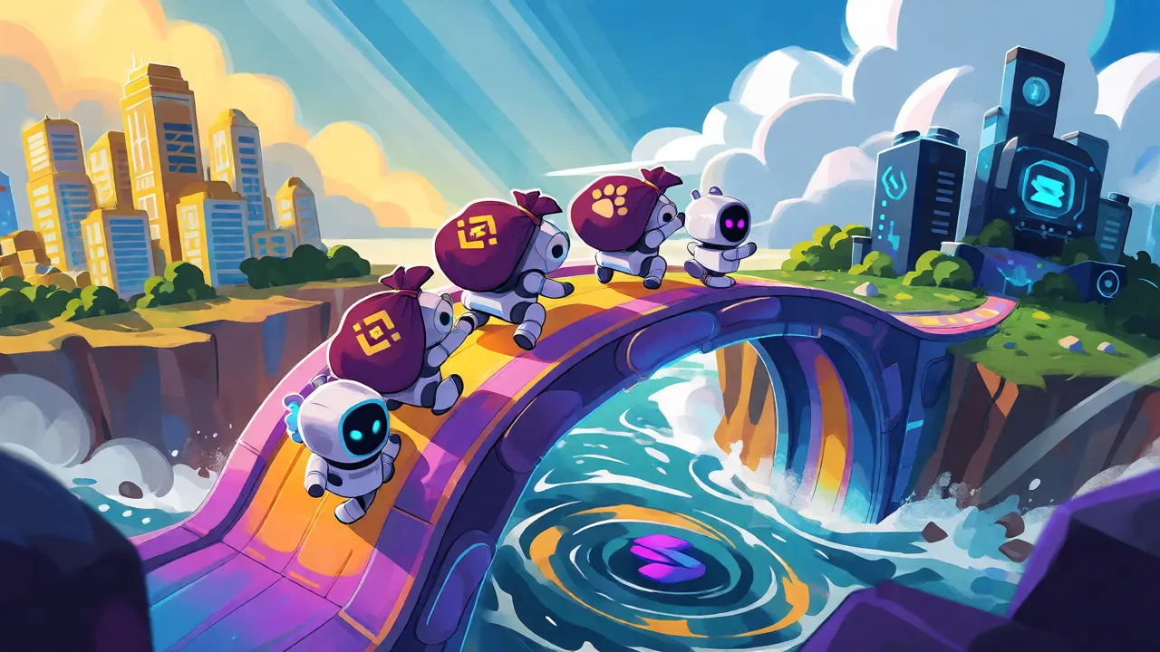 Robots carrying crypto assets across a rainbow bridge between islands