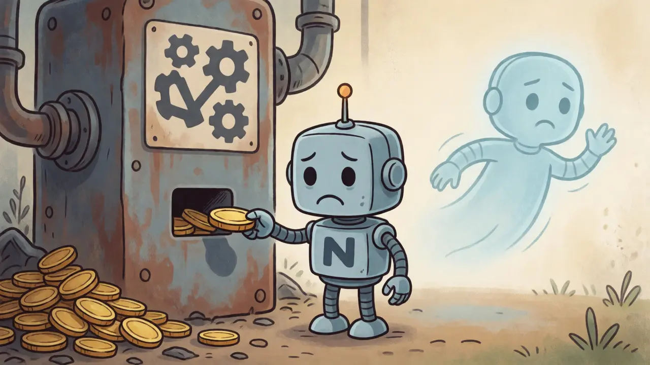 Sad robot feeding tokens into a jammed mining machine, illustrating the broken utility loop of the NT token.