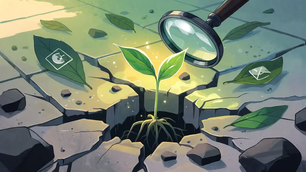 Small plant growing from digital cracks with magnifying glass