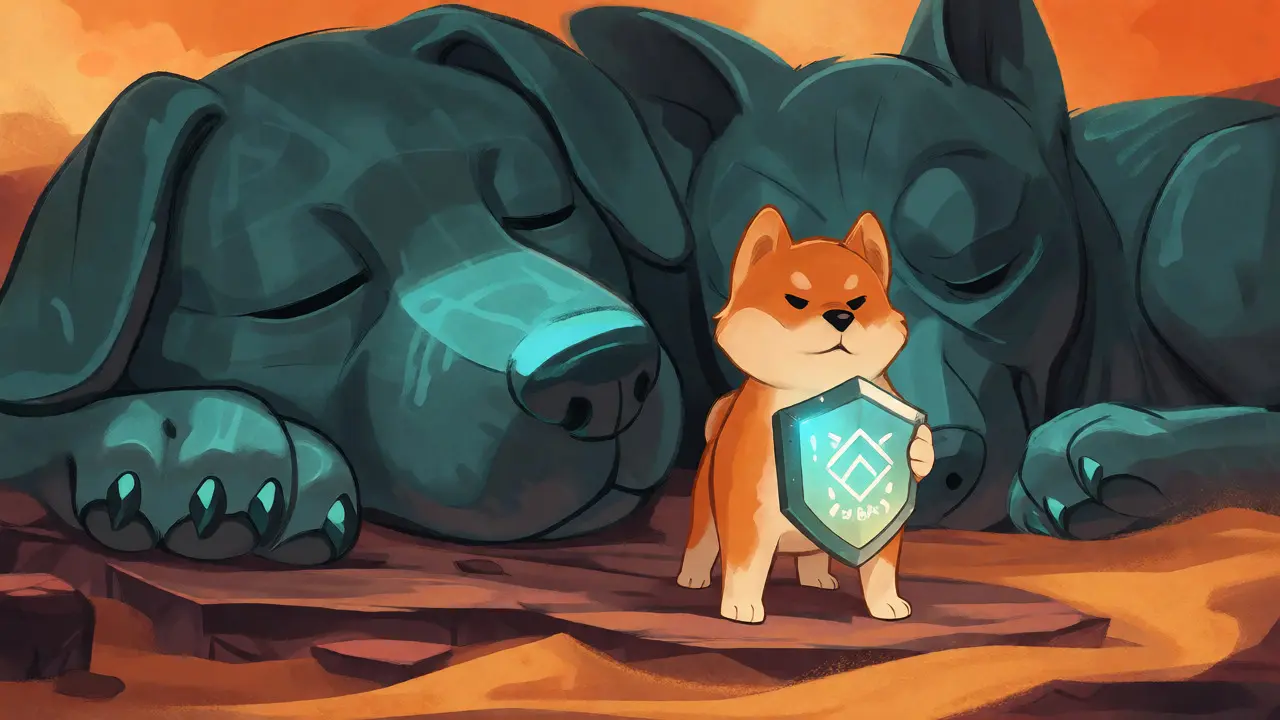 Small Shiba standing beside large dog statues on mixed terrain