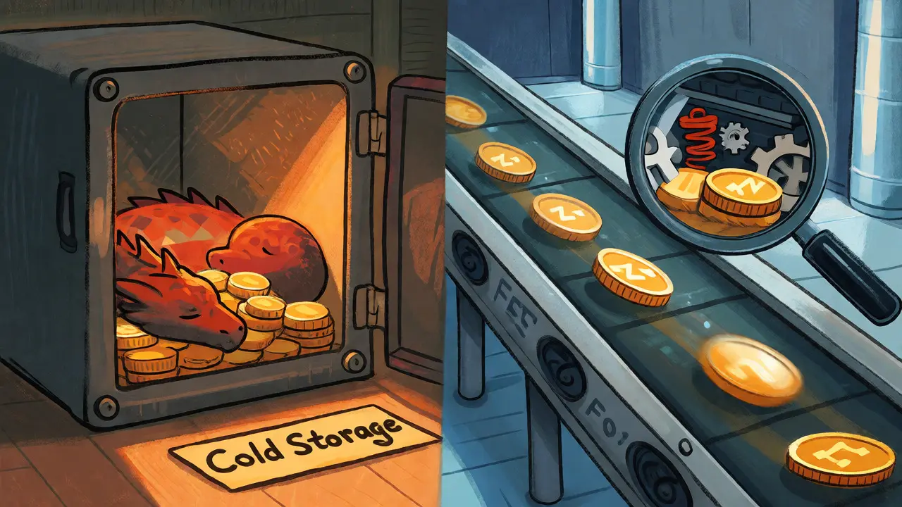 Split scene comparing a cozy cold storage safe with a chaotic, fee-filled exchange conveyor belt.