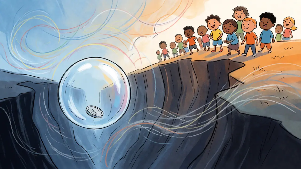 Tiny coin in a bubble floating over a canyon as cartoon figures watch from afar.