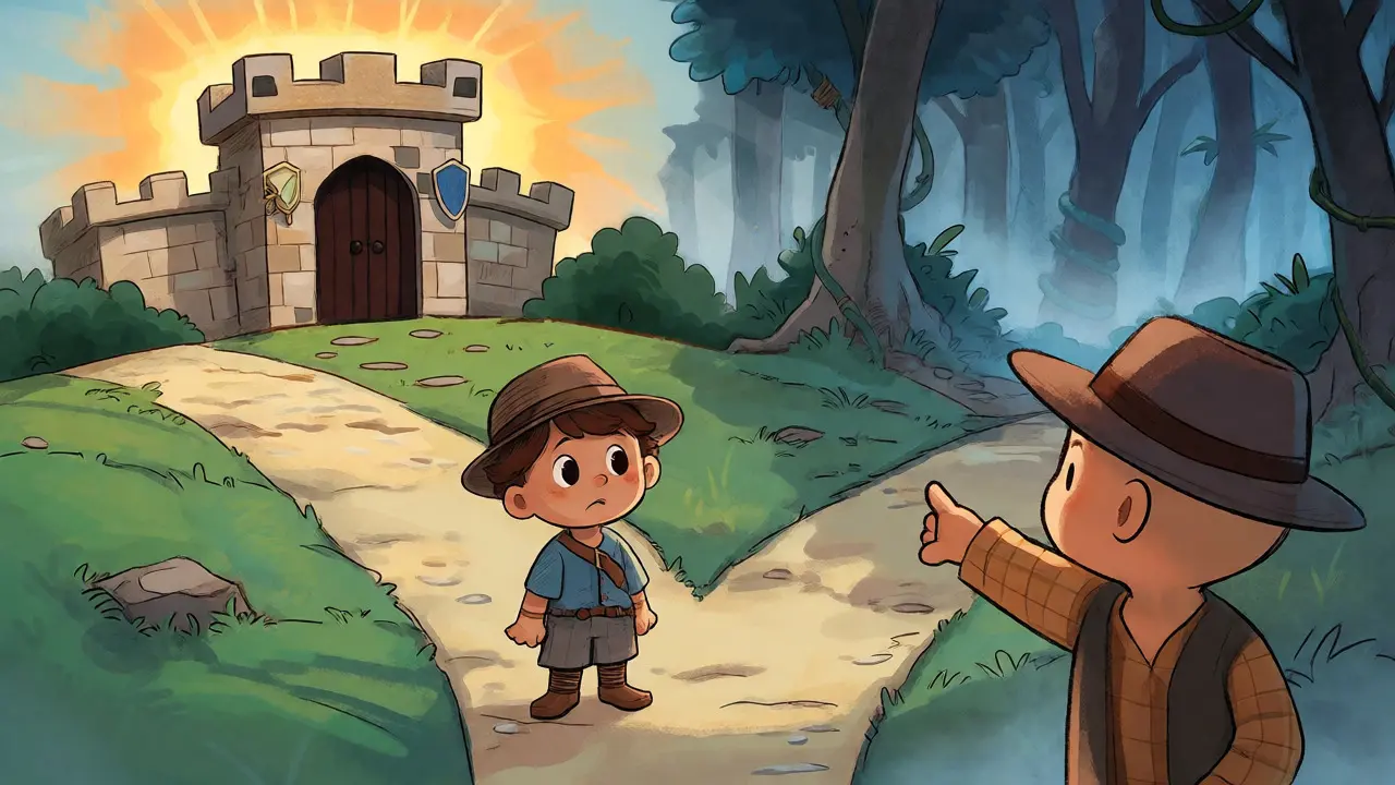 Trader choosing between a safe fortress and a tricky forest
