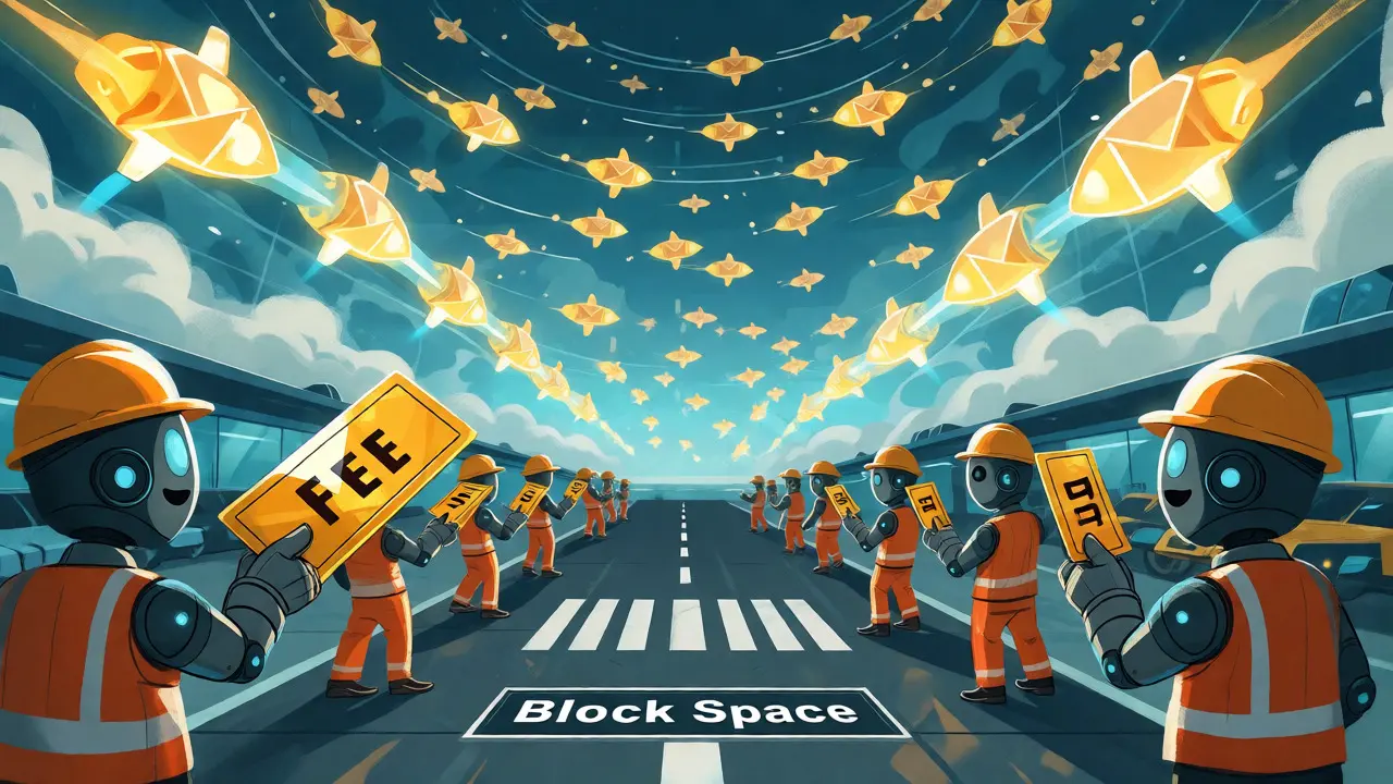 Transaction rockets circling an airport runway selected by fee size.