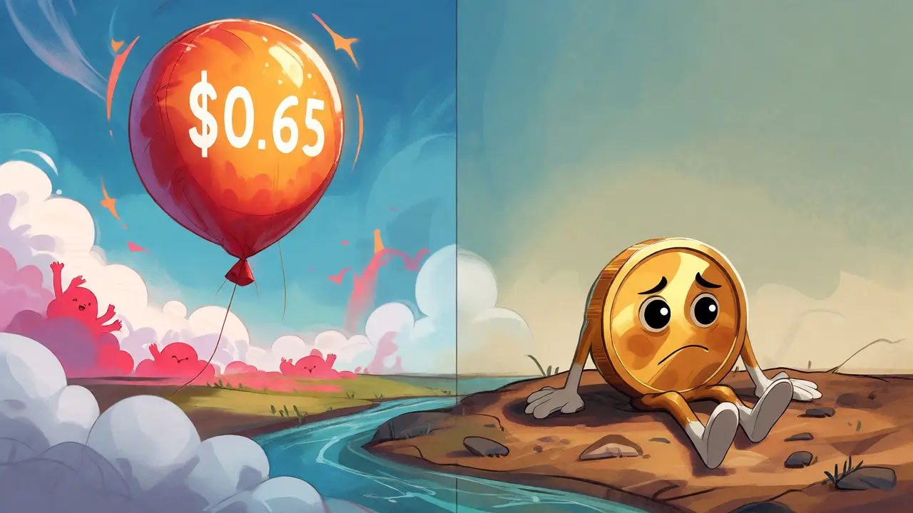 Visual metaphor comparing high initial token value to current low price