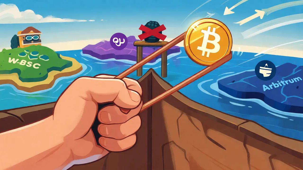 Whimsical drawing of a crypto token being slingshotted across colorful blockchain islands from bank to wallet.
