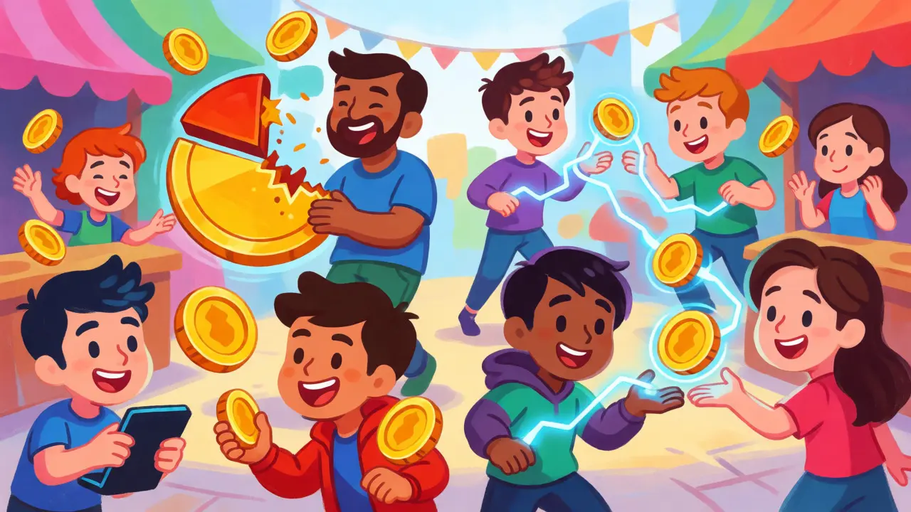 Whimsical marketplace scene showing direct crypto payments between gamers