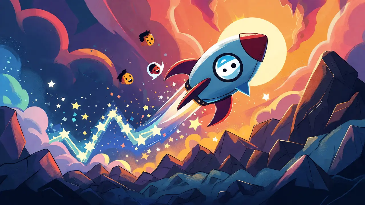 A chat-bubble-shaped rocket launching upward through a starry sky.