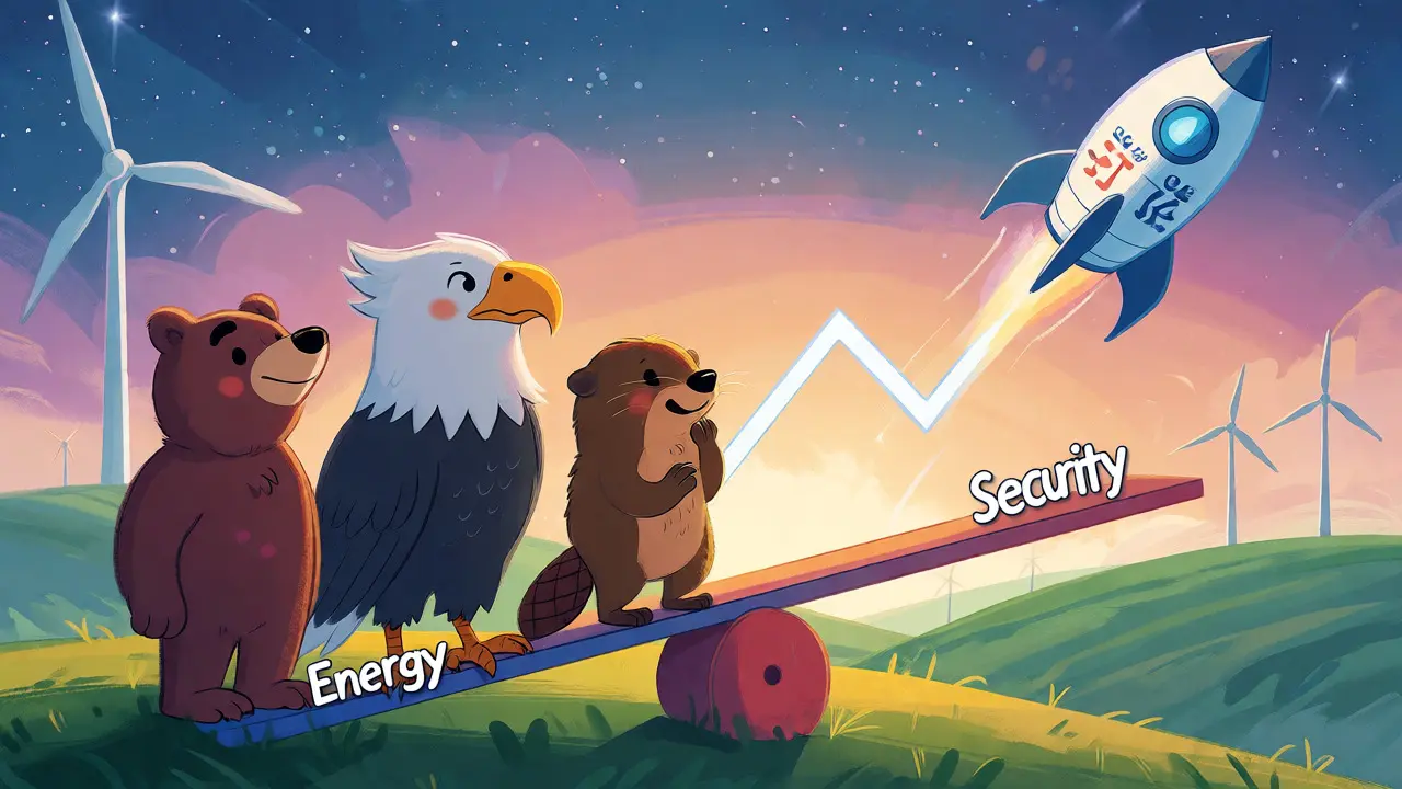 Animals watching a rocket rise over balanced scales
