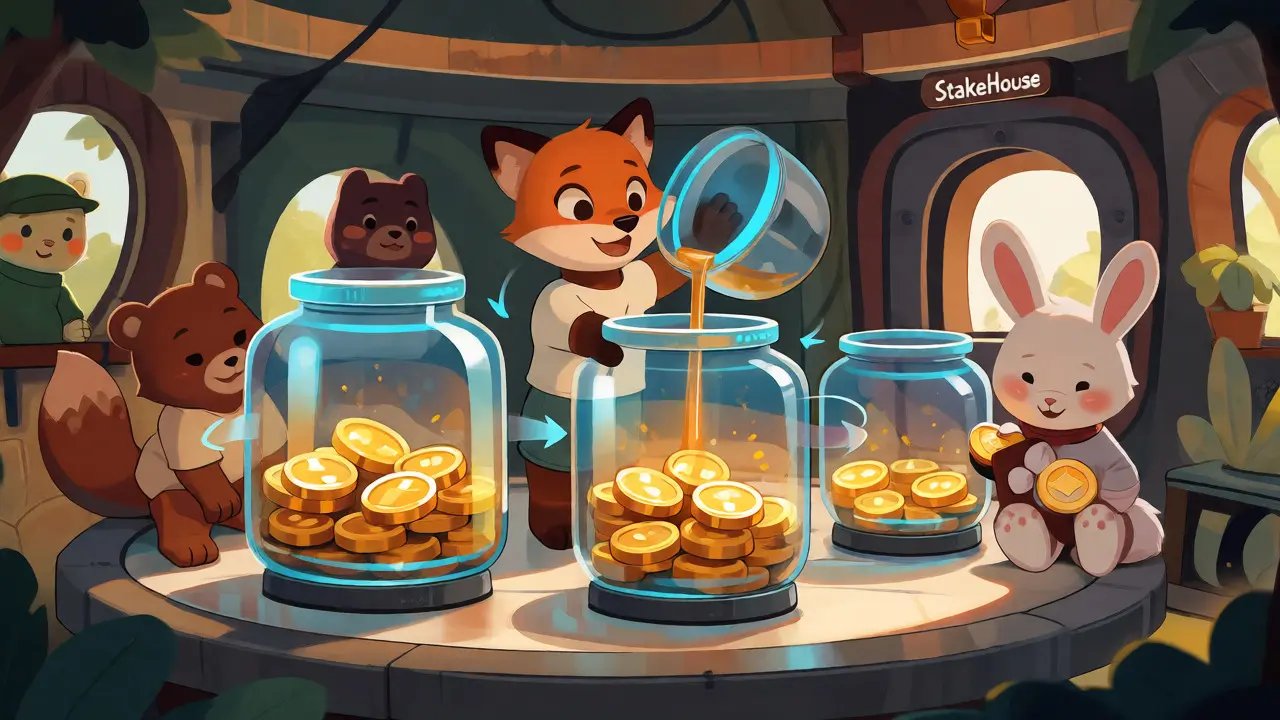 Cartoon animals managing liquid staking tokens in a cozy StakeHouse treehouse environment.