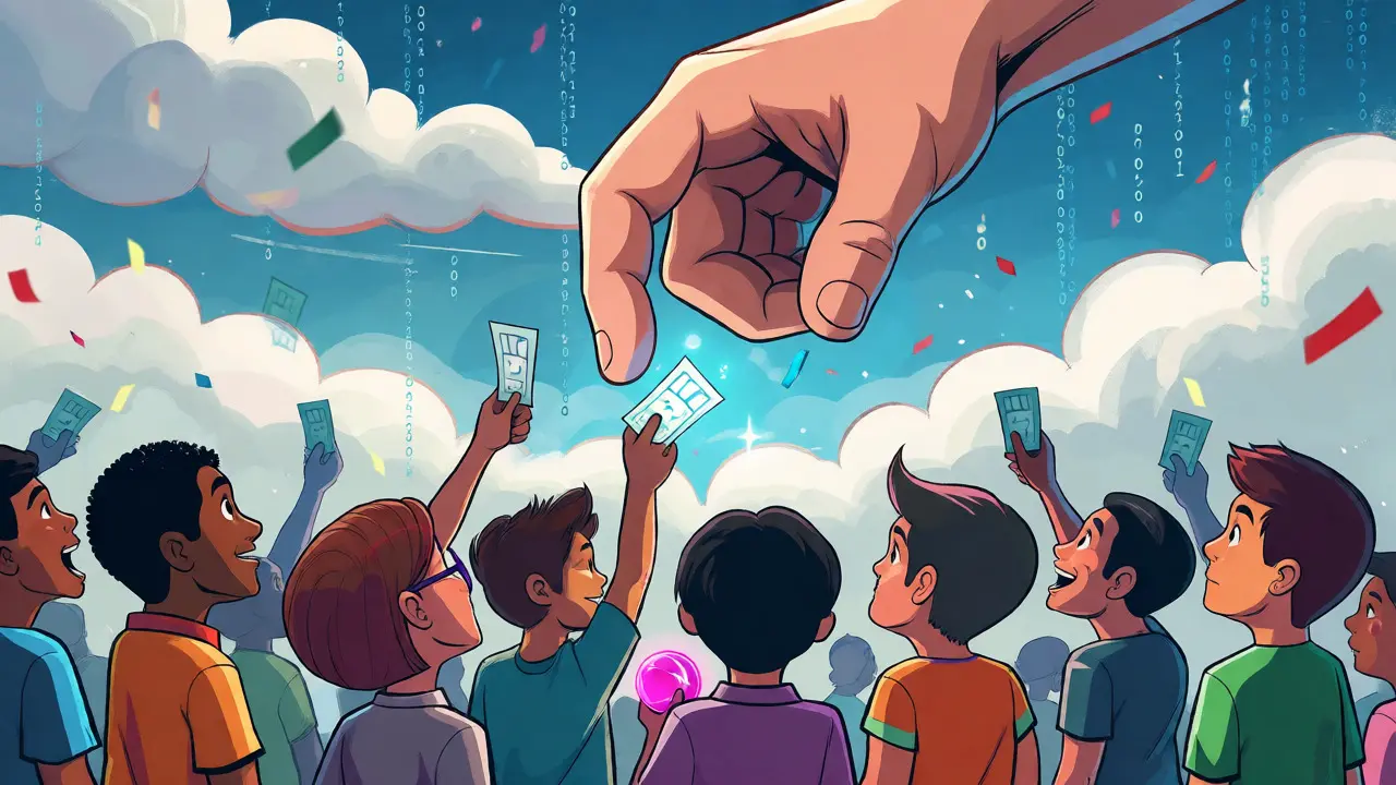 Cartoon avatars waiting for tokens dropped from a giant hand in the sky