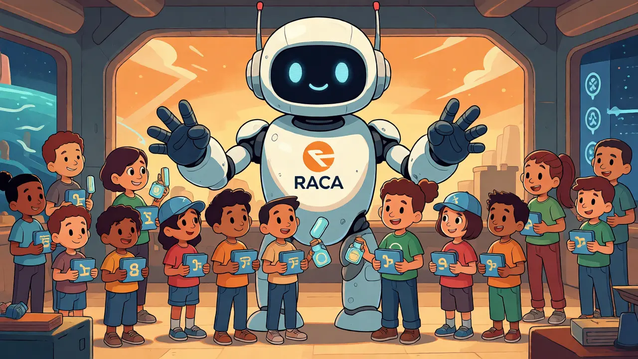 Cartoon characters exchanging digital assets near a friendly RACA mascot in a community hub.