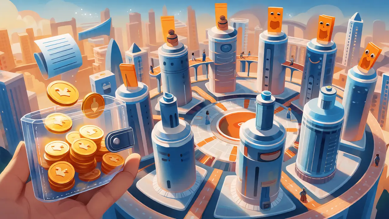 Cartoon cityscape with 21 validator towers and coins transforming into votes and fuel.