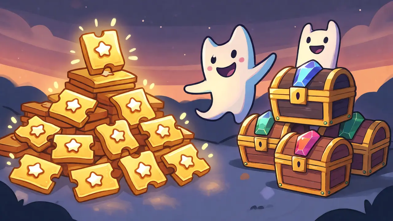 Cartoon depiction of golden NFT tickets and treasure chests representing tiered FEAR token rewards.