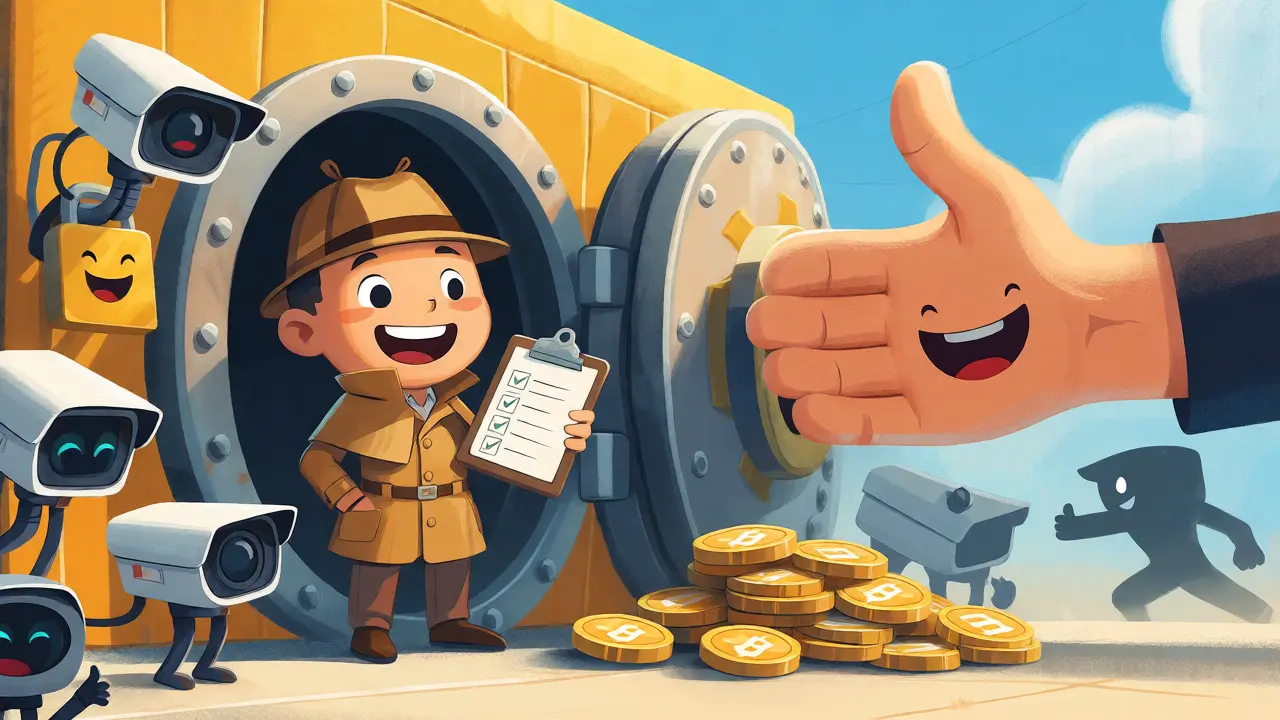 Cartoon detective securing crypto assets with due diligence checklist