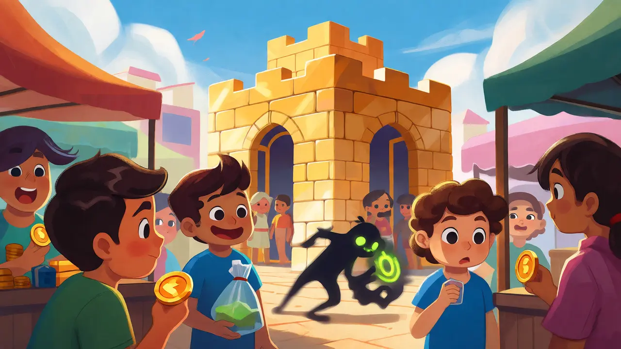 Cartoon marketplace scene with a fortress-like exchange and a thief stealing coins