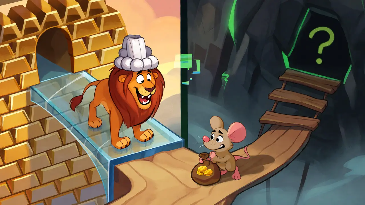 Cartoon mouse choosing between safe regulated bridge and risky obscure path
