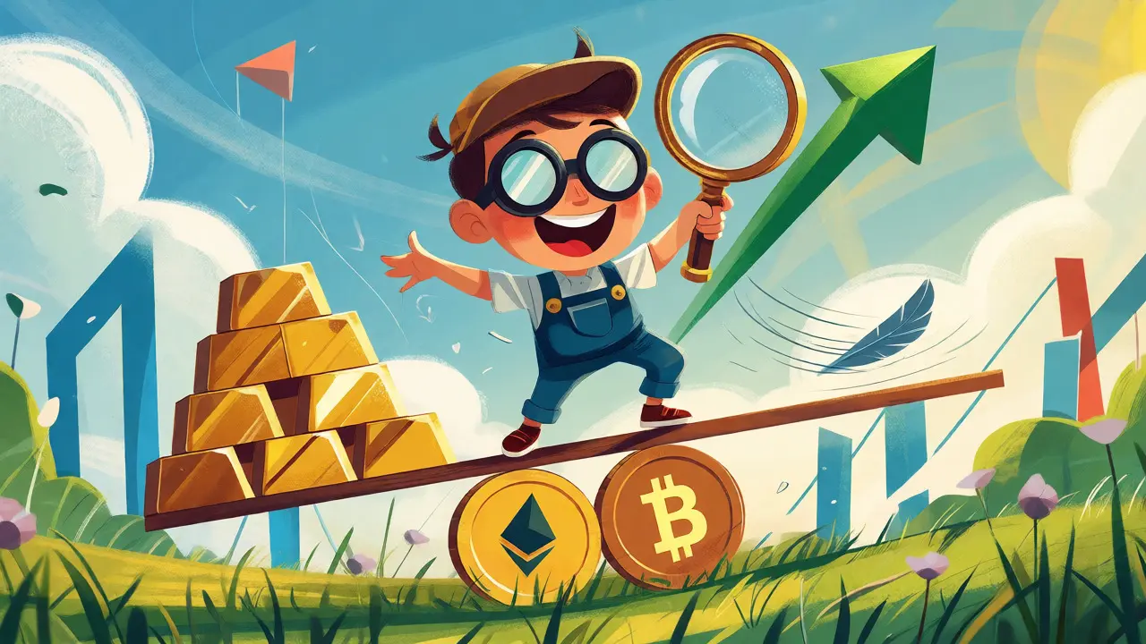 Cartoon trader balancing on a seesaw of crypto coins, illustrating the high stakes of leverage.