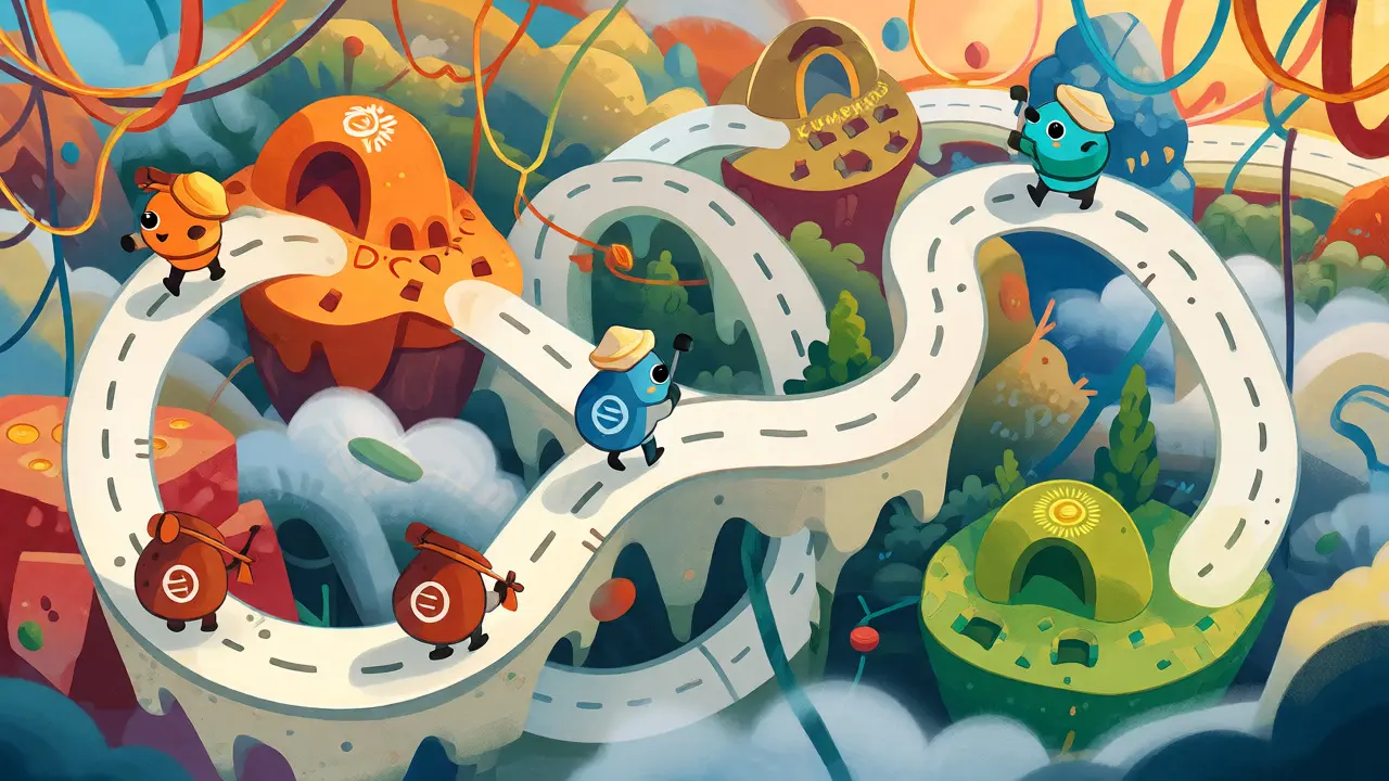 Cartoon traders navigating a winding path through colorful islands representing successor platforms
