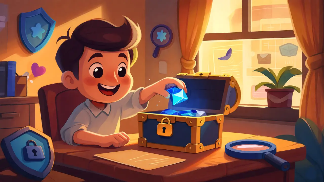 Character placing a blue gem into a locked treasure chest representing a wallet