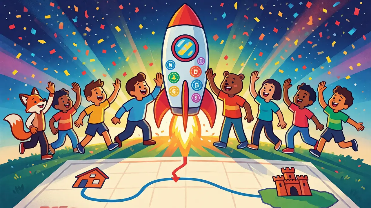 Characters celebrating crypto journey with a rocket launch